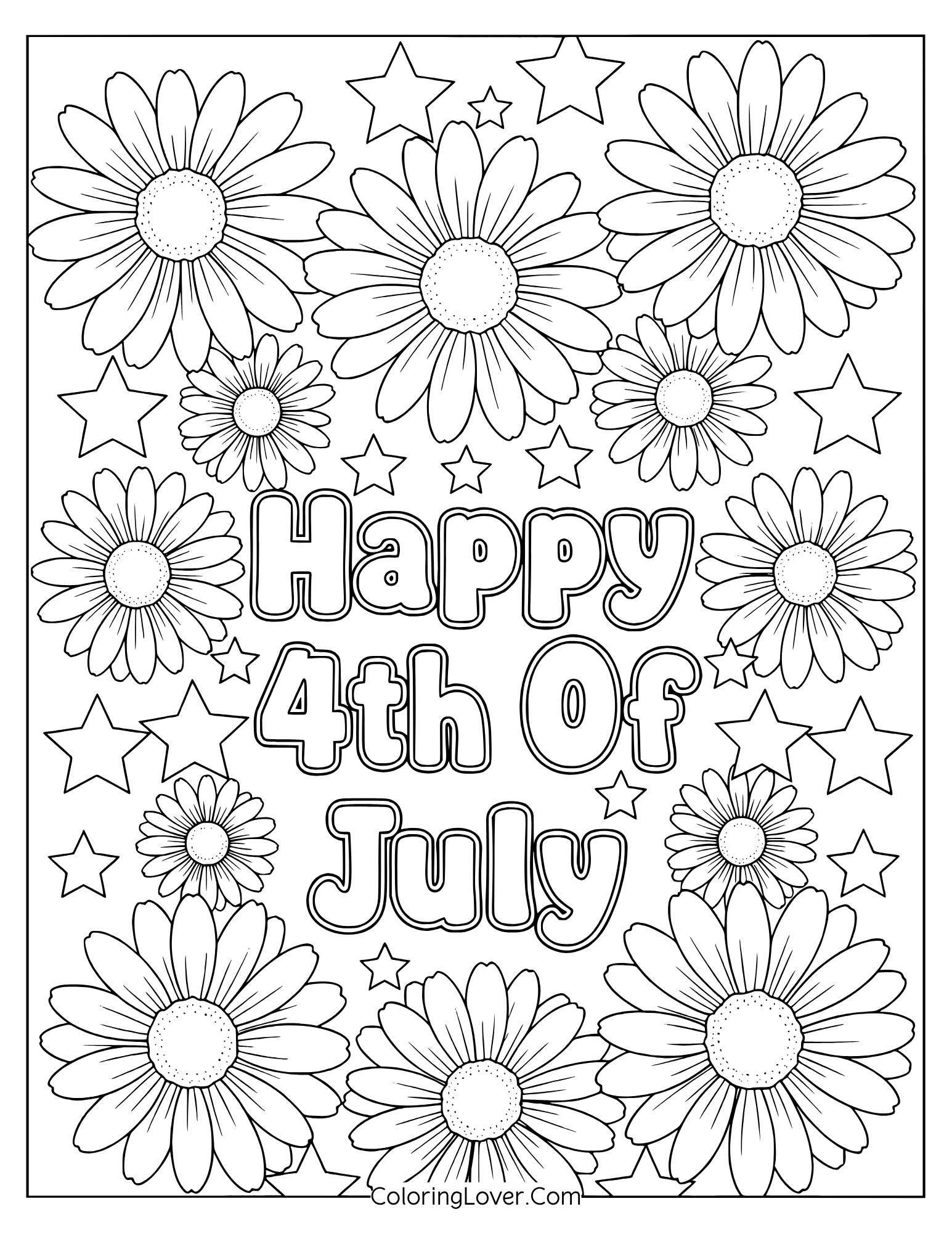 4th of July coloring page showing cheerful papery design with "Happy 4th of July."