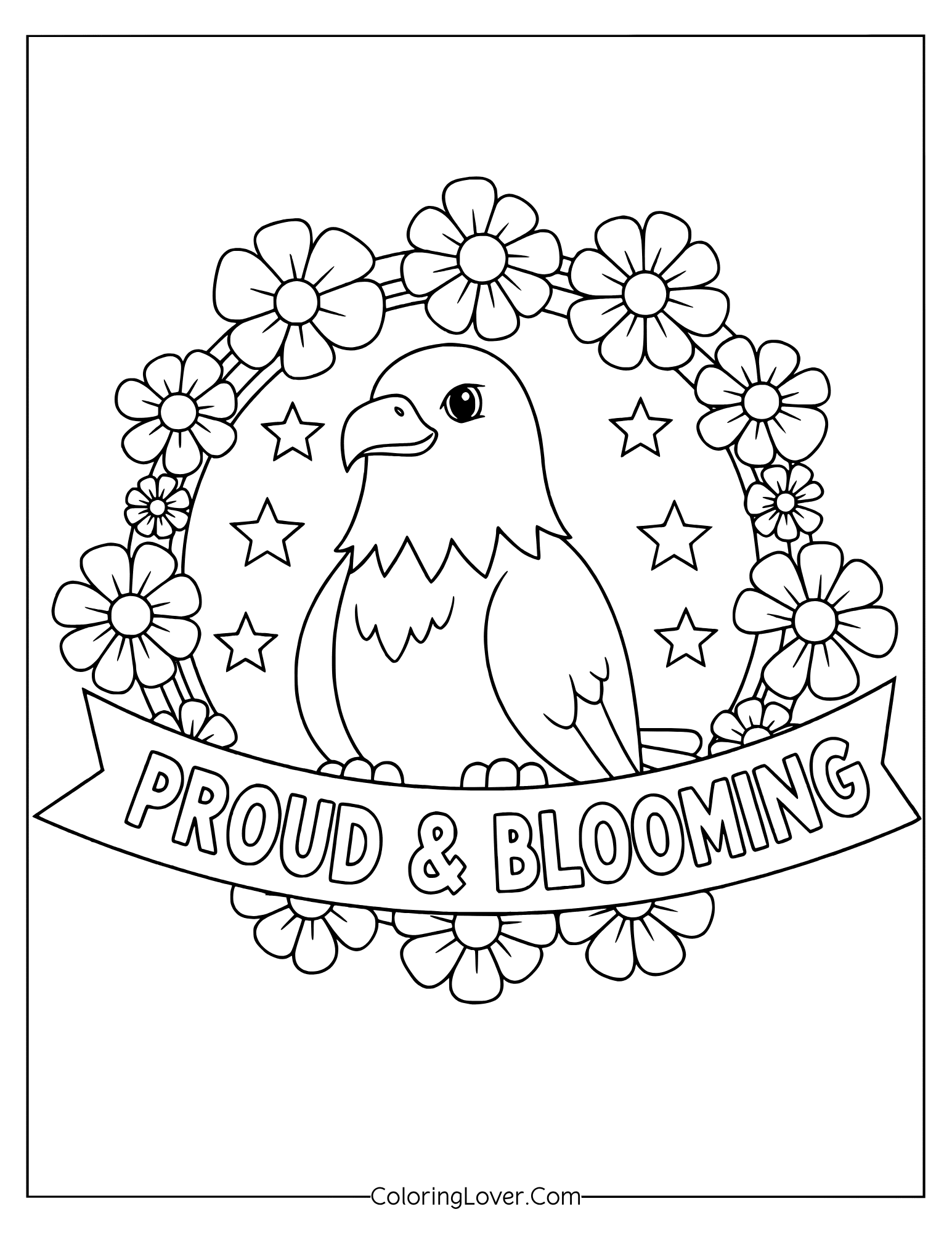 4th of July coloring page showing eagle and daisies with "Proud & Blooming" banner.