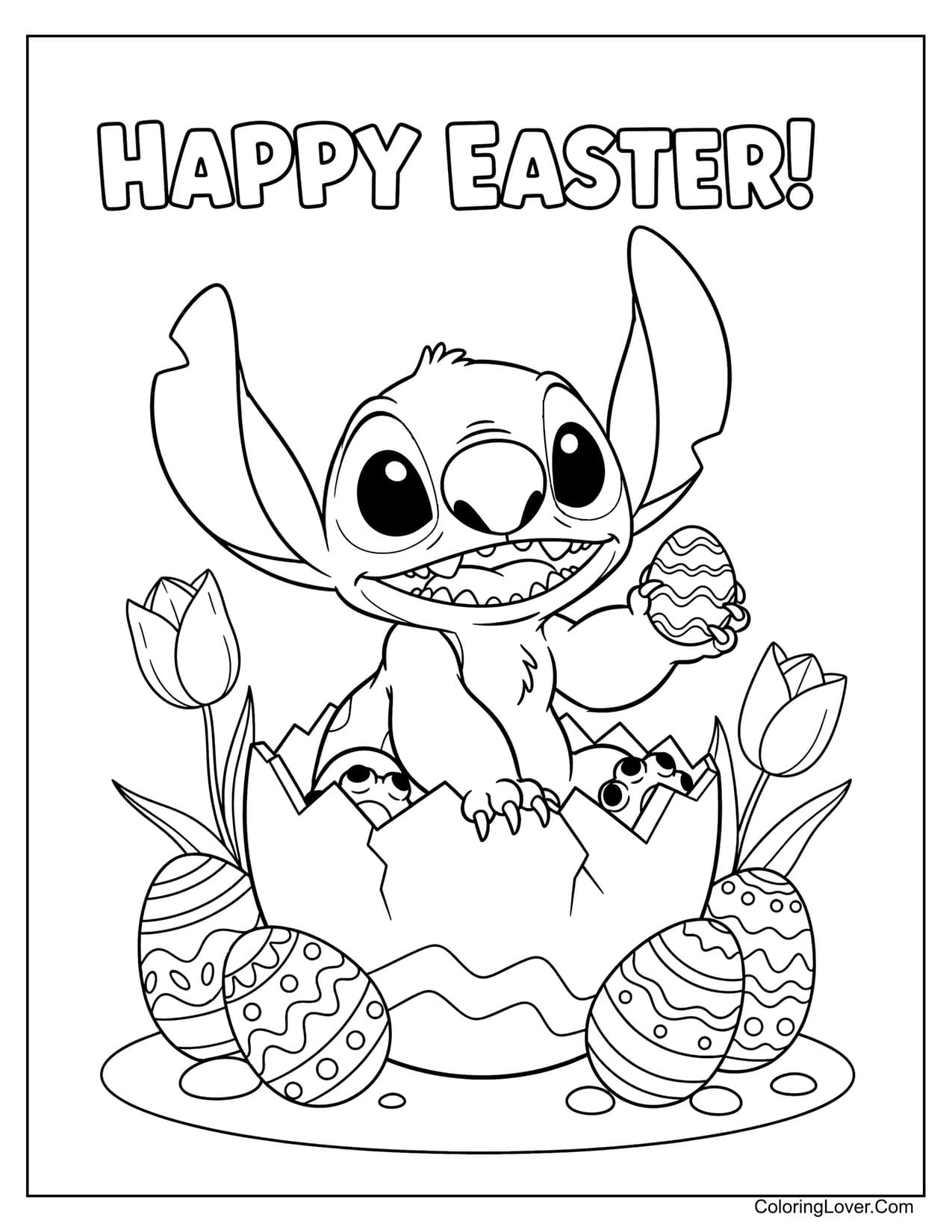 Easter coloring page of Stitch emerging from egg among decorated eggs