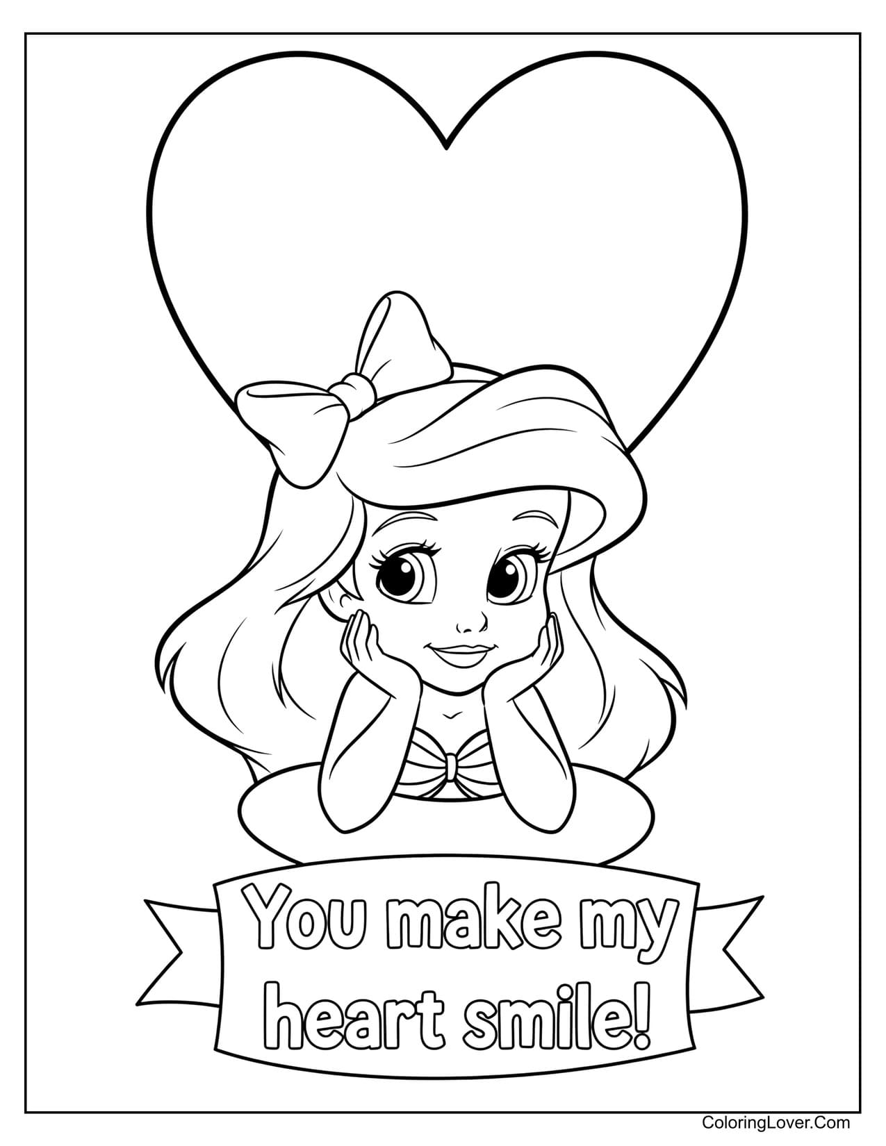 Easy coloring page of Cute Ariel leaning on heart banner
