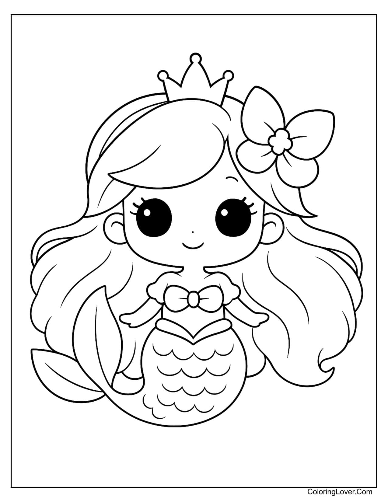 Easy coloring page of Cute Ariel mermaid with floral crown