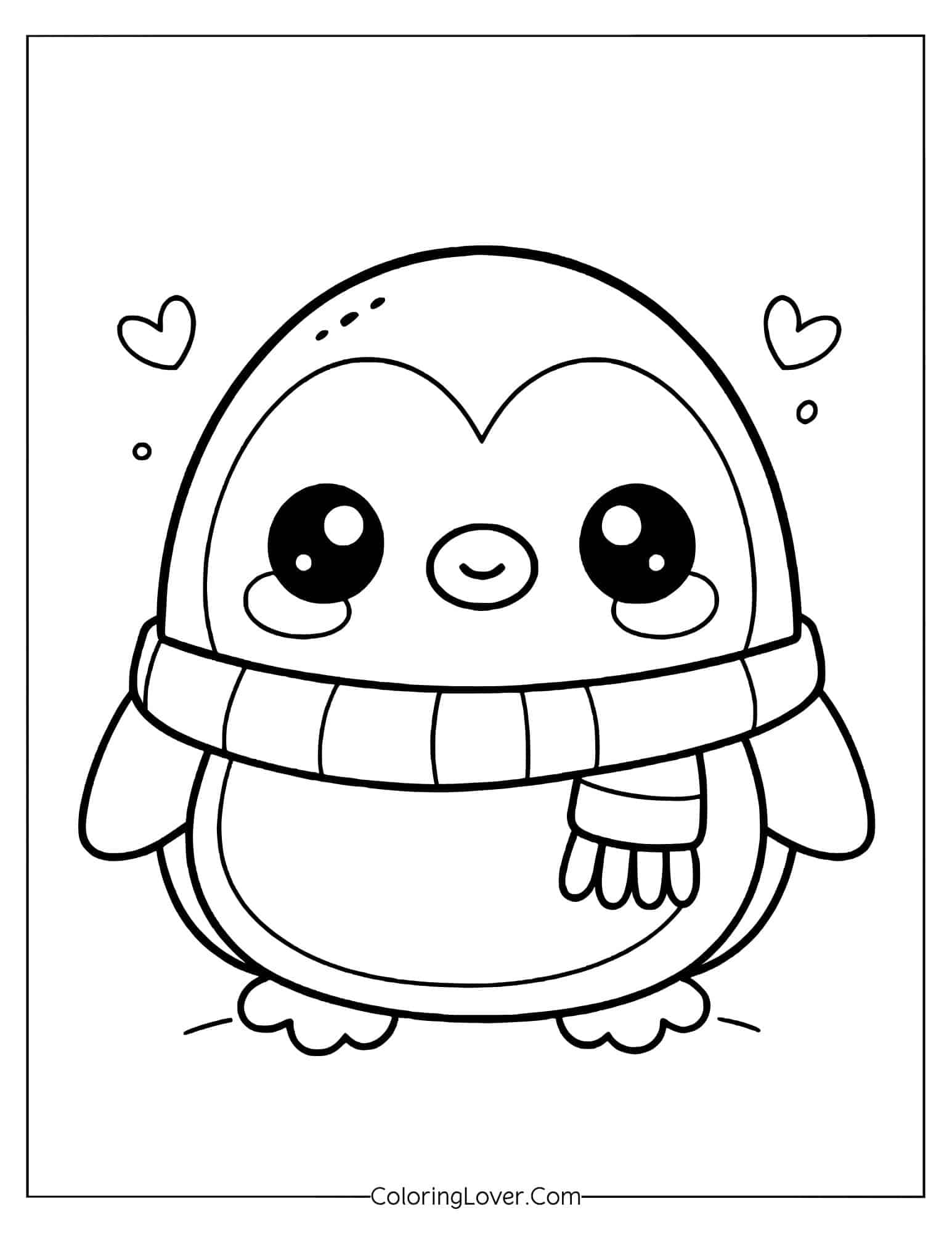 Easy kawaii penguin wearing a scarf with hearts coloring page