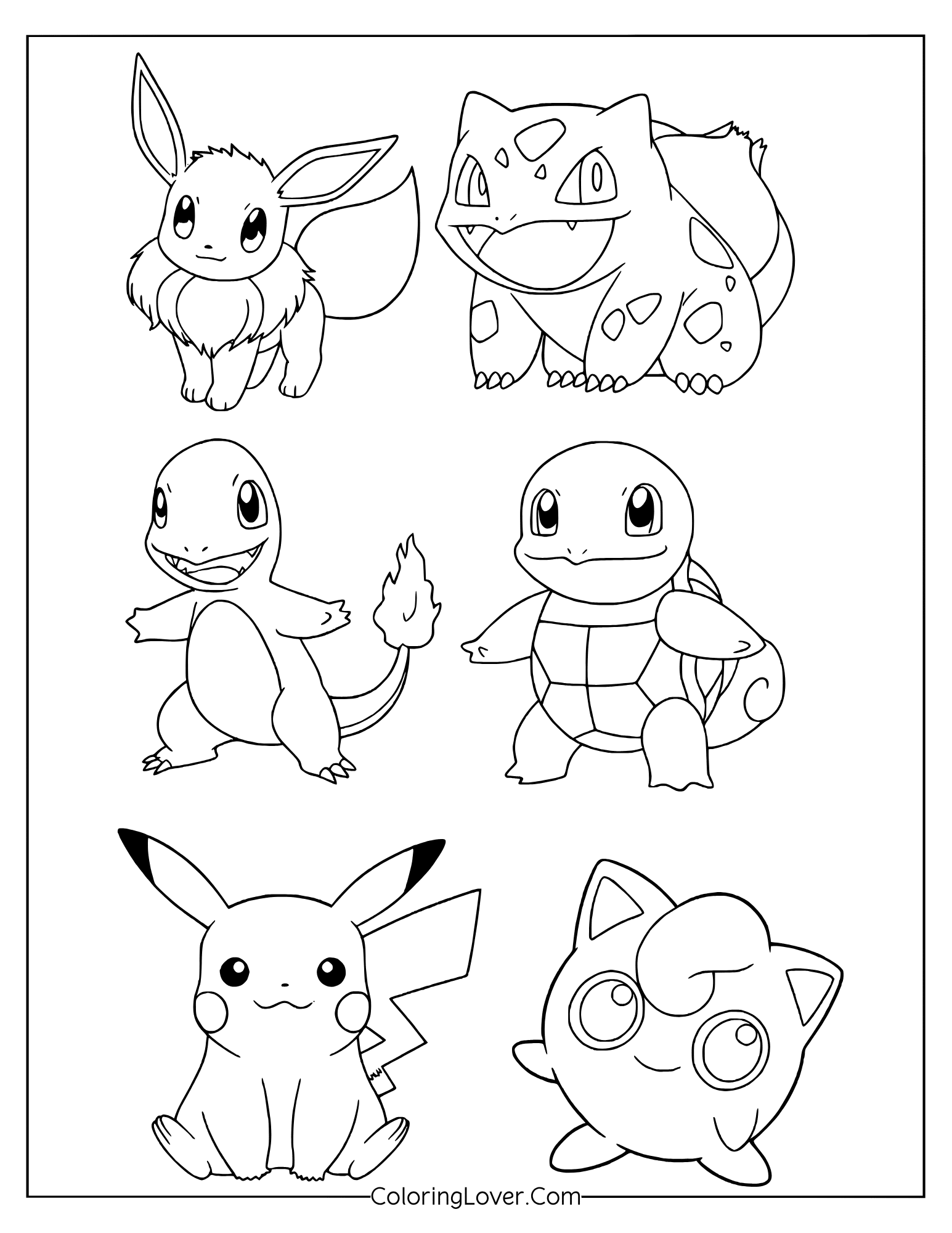 Pokemon coloring page featuring Eevee, Bulbasaur, Squirtle, Pikachu and Jigglypuff together