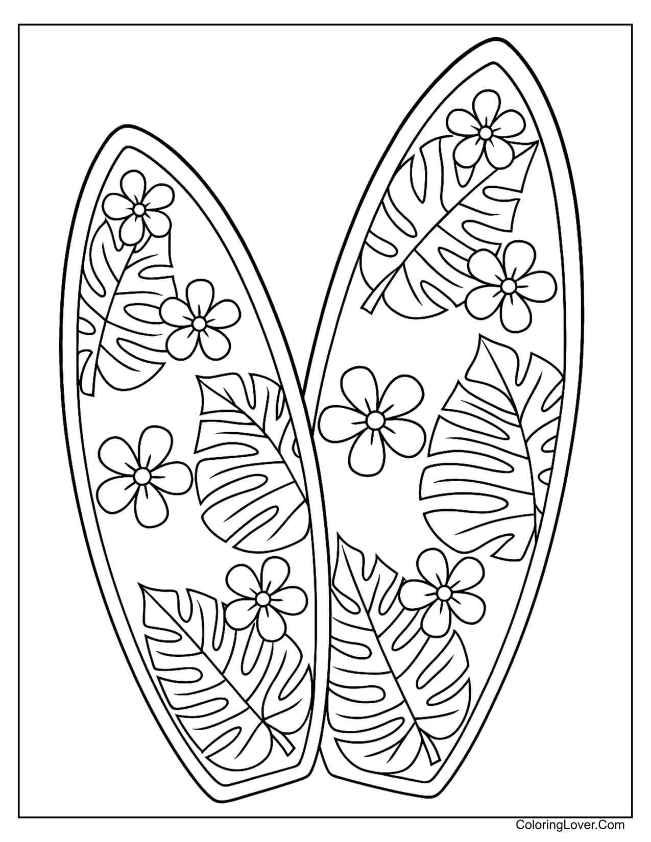 Floral surfboards with island flowers beach coloring page
