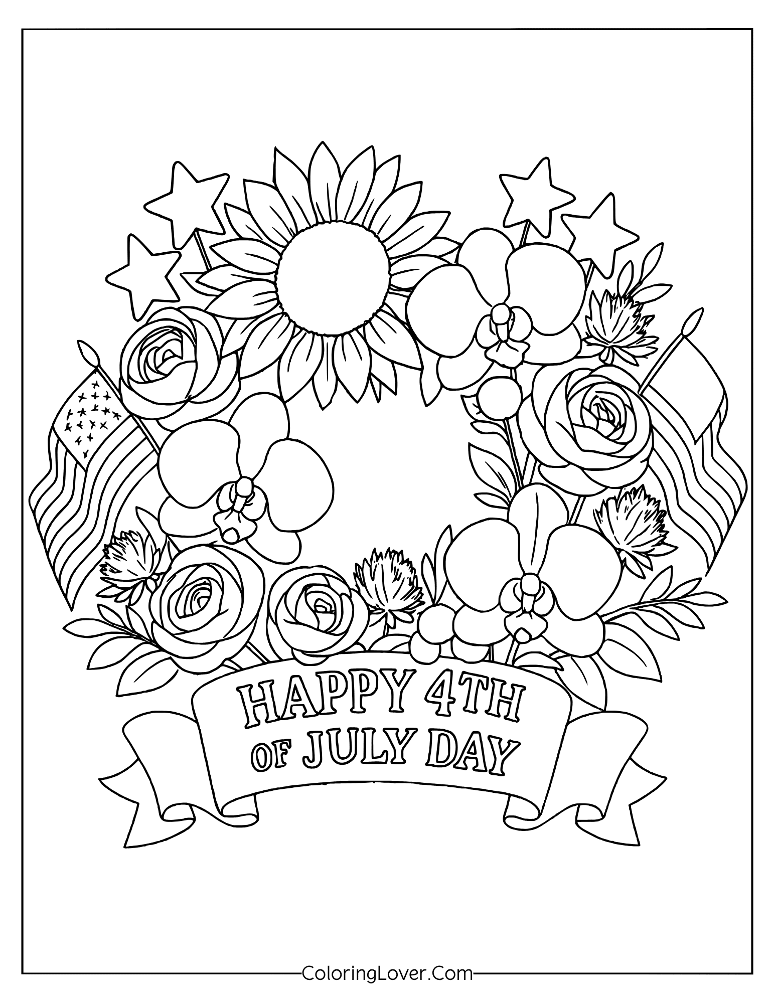 4th of July coloring page featuring a floral wreath with USA flags and sunflower center.