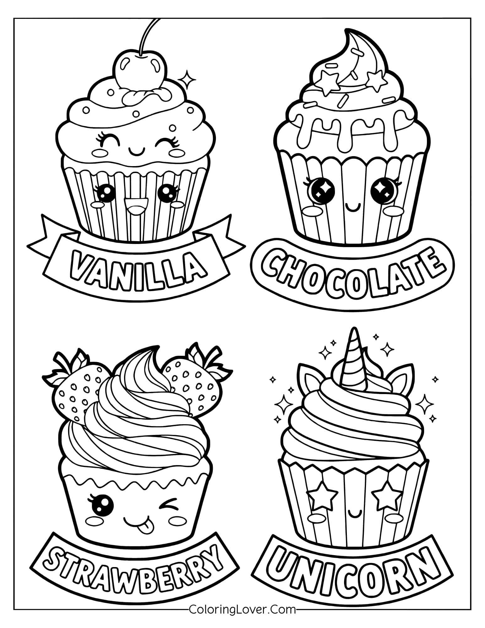 Four kawaii cupcakes labeled vanilla, chocolate, strawberry, and unicorn coloring page