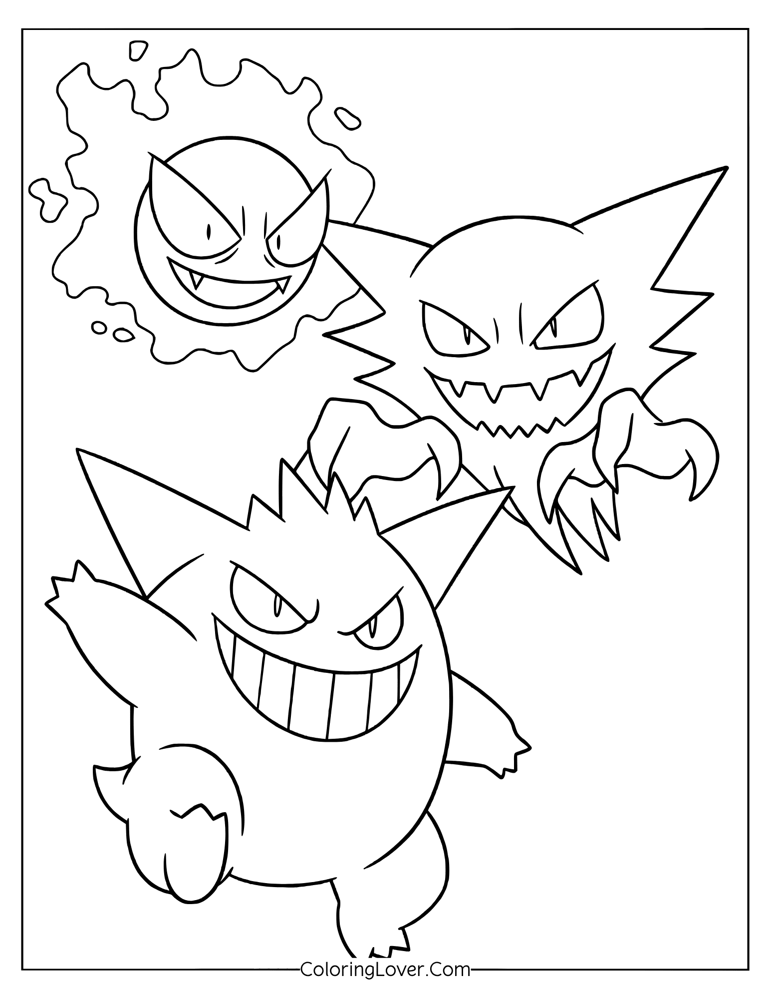 Pokemon coloring page featuring Gengar, Haunter and Gastly with spooky expressions together