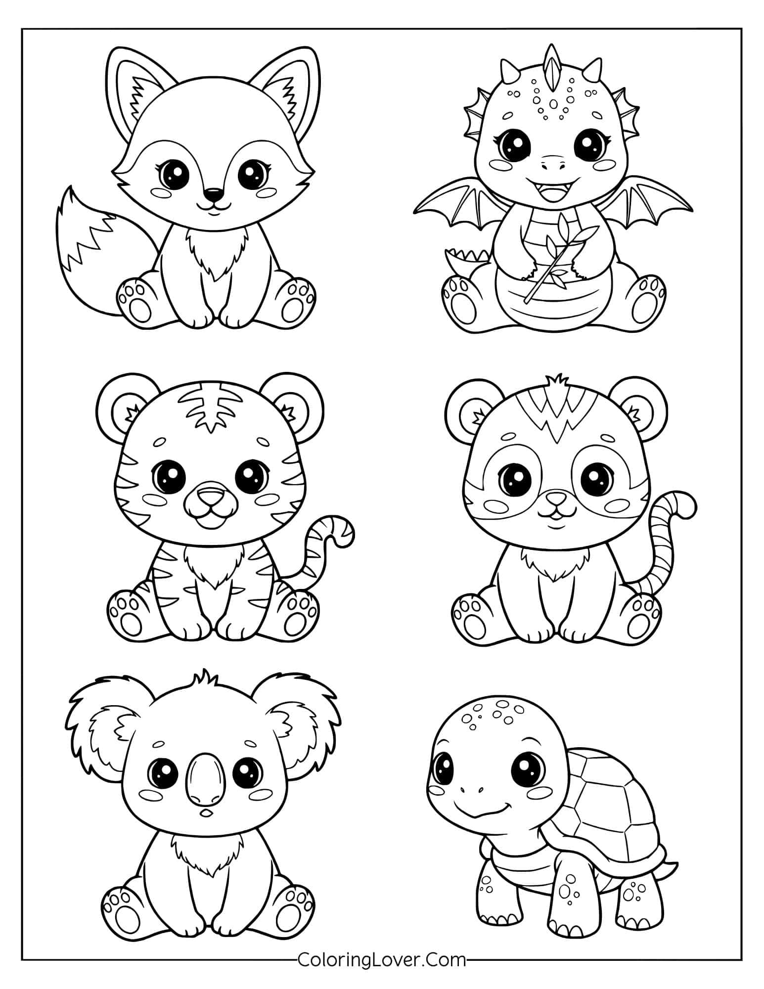 Group of kawaii baby animals including fox, turtle, bear, and koala coloring page