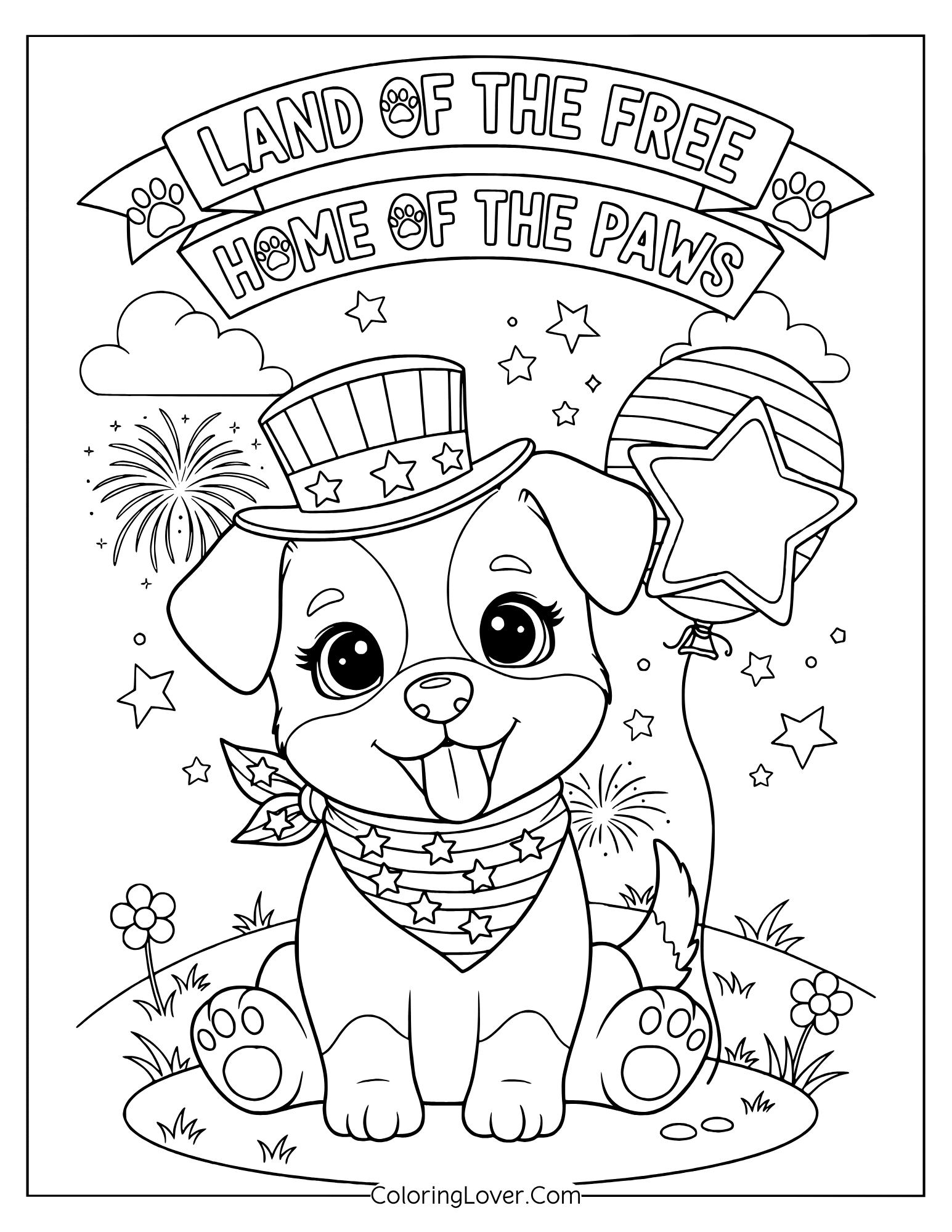 4th of July coloring page featuring a happy puppy wearing a hat with balloons and fireworks.