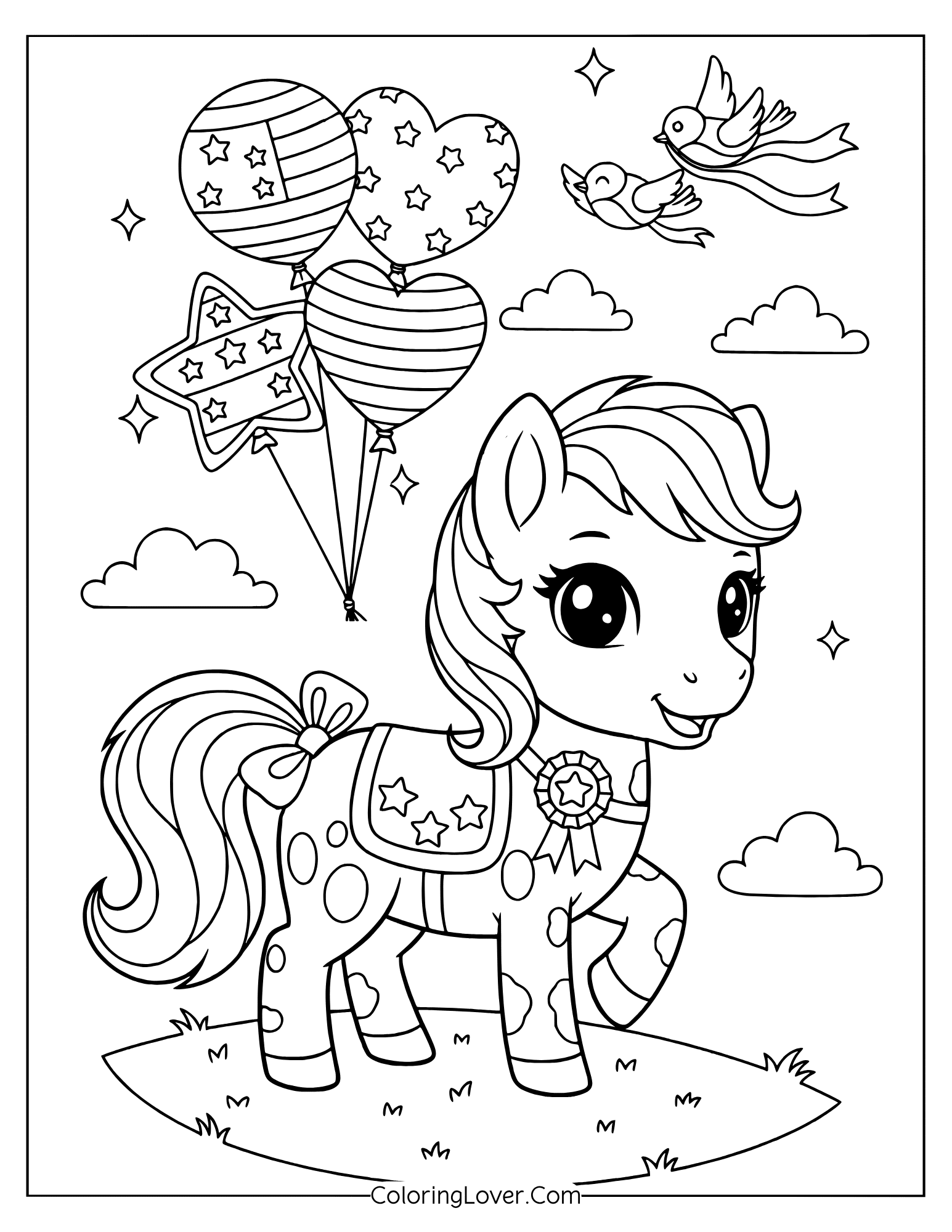 4th of July coloring page featuring a horse decorated with stars and patriotic balloons.