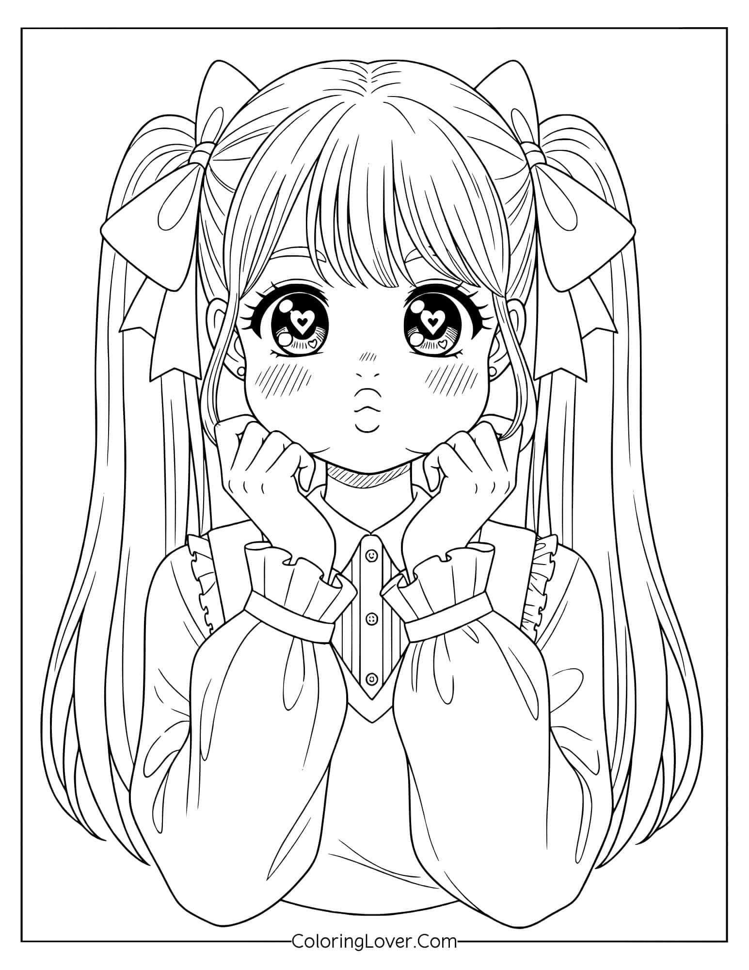 Kawaii anime girl blowing a kiss with big bows in her hair coloring page