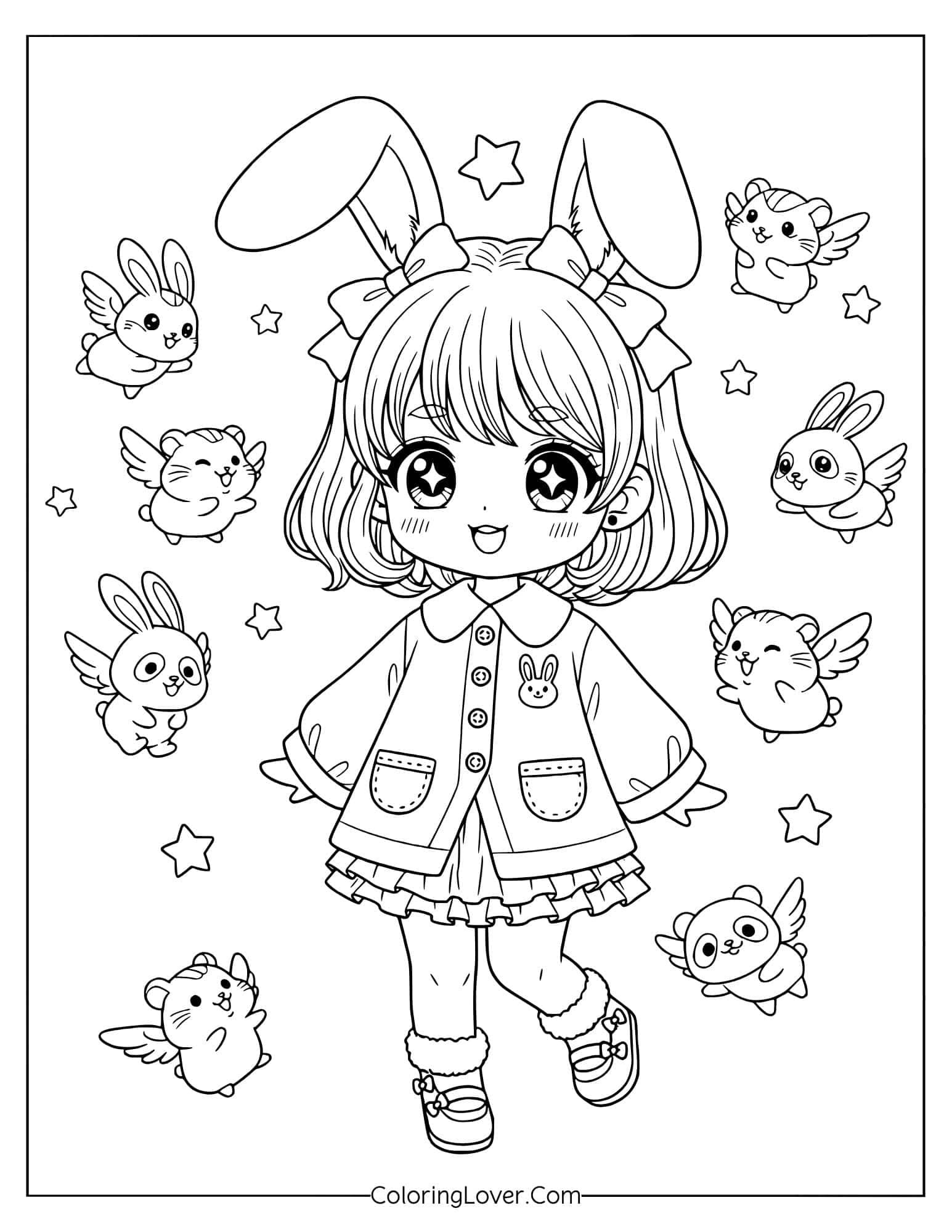 Kawaii anime girl in bunny outfit surrounded by small animals coloring page