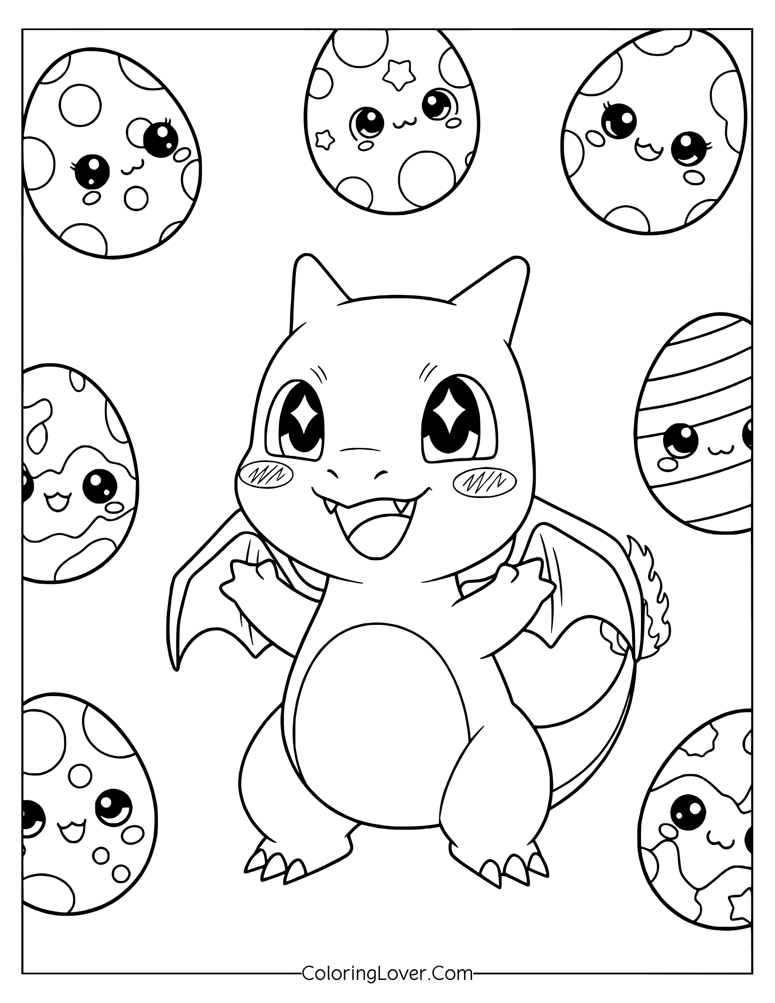Kawaii Charmander surrounded by decorated Poké Balls coloring page