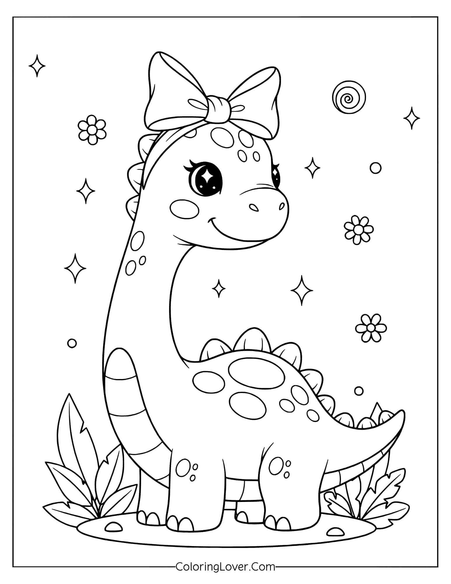 Kawaii dinosaur with bow and spots sitting among plants coloring page