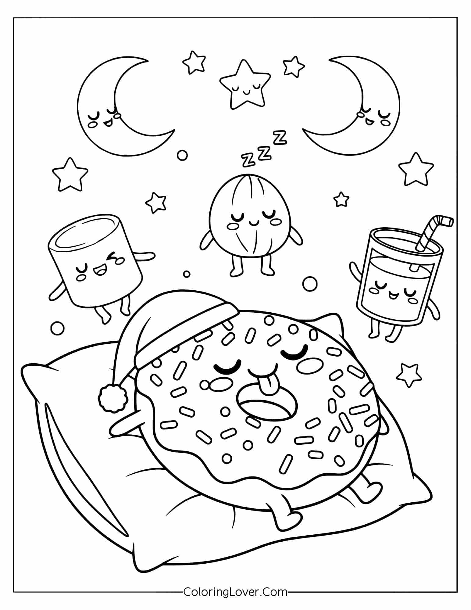 Kawaii donut sleeping on pillow with marshmallows and stars coloring page