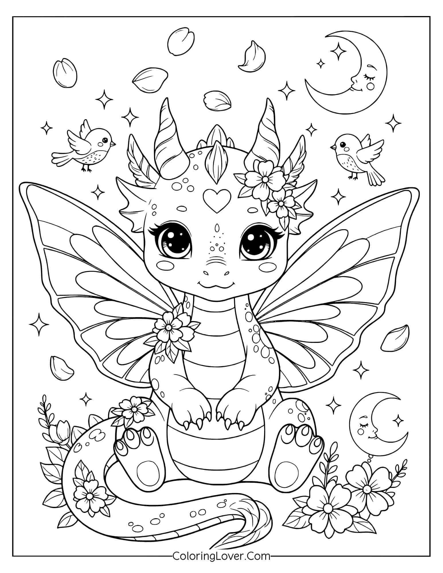 Kawaii dragon with wings and flowers sitting under the moon coloring page