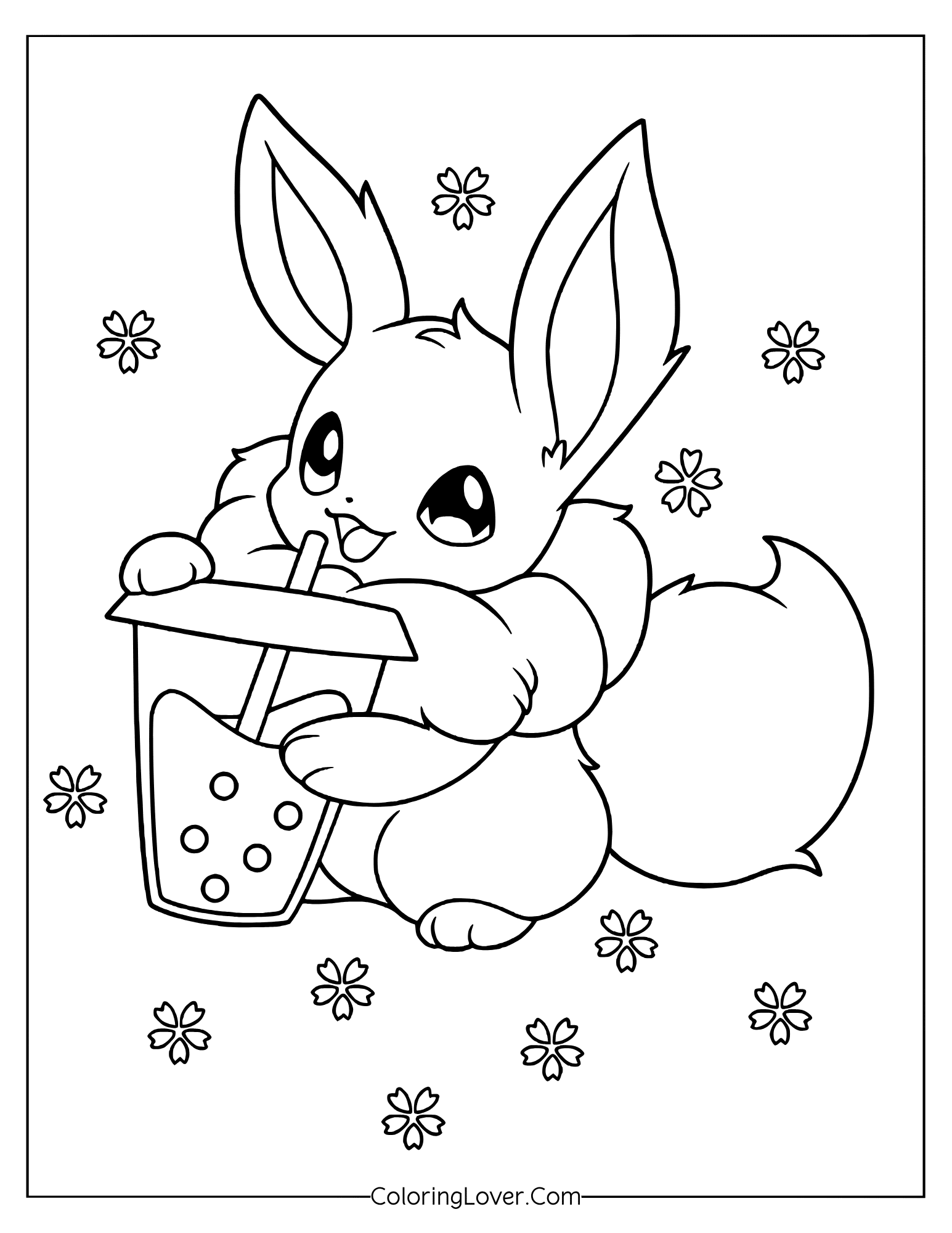 Pokemon coloring page featuring kawaii Eevee drinking bubble tea with flower decorations