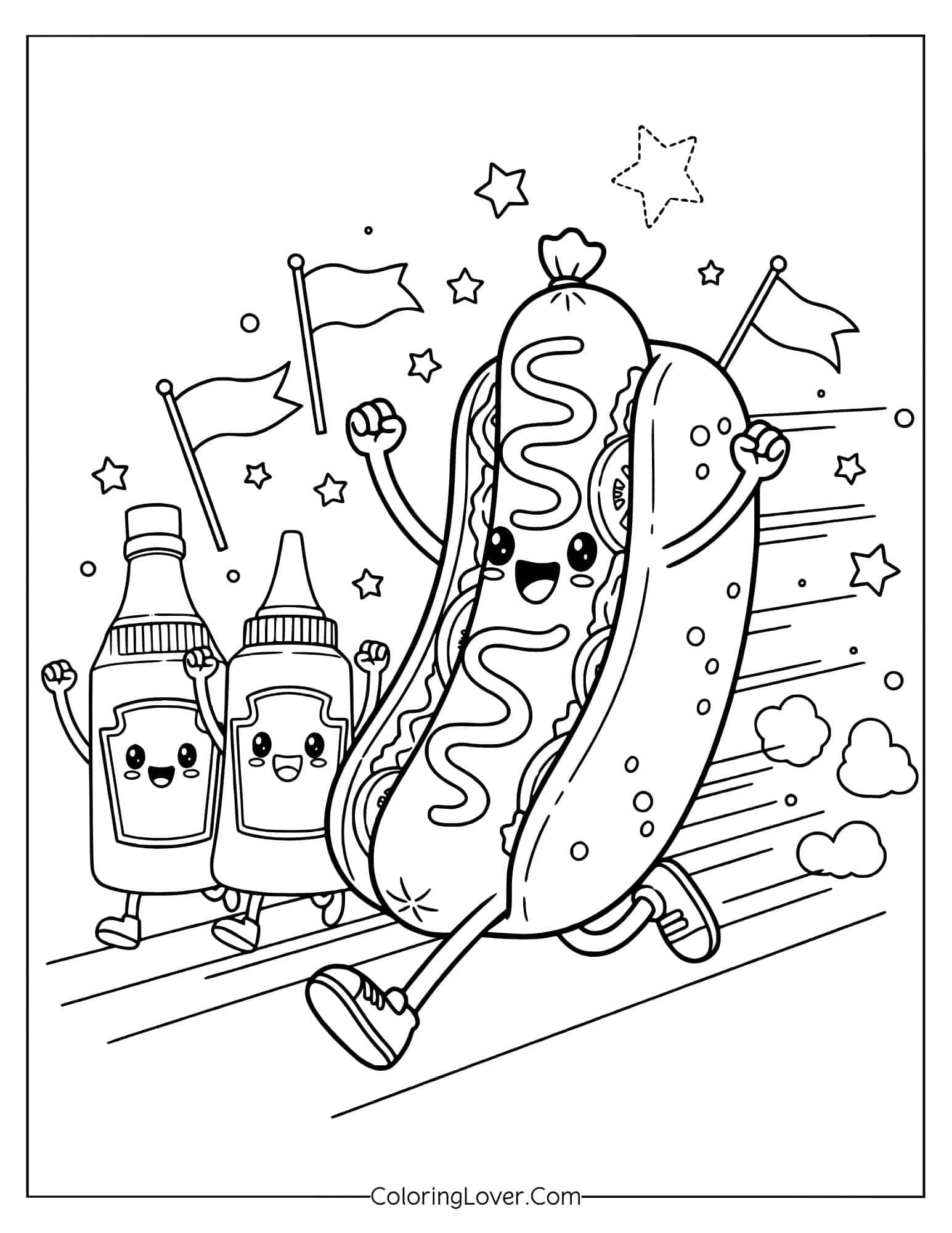 Kawaii hot dog running with ketchup, mayonnaise coloring page