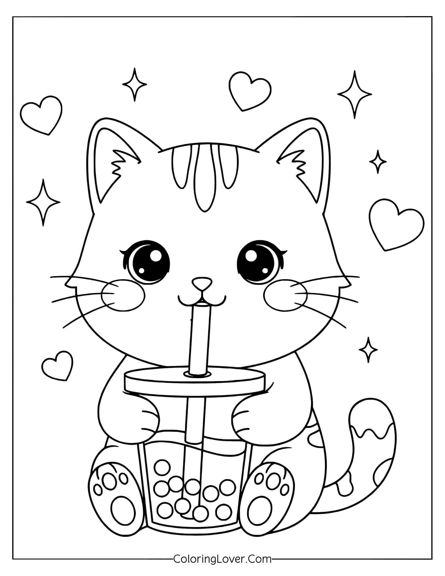 Kawaii kitten drinking bubble tea with sparkles around coloring page