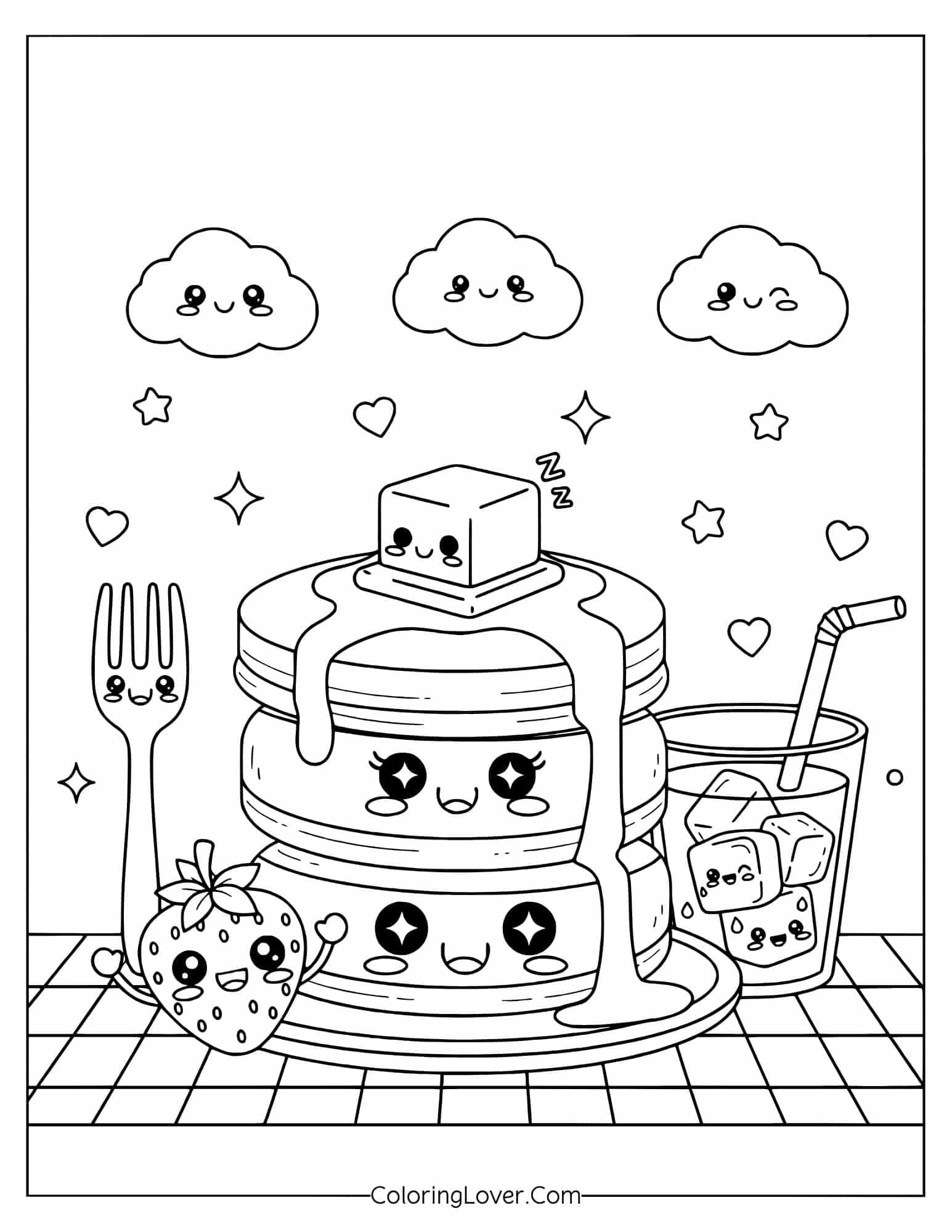 Kawaii pancake stack with butter, drink, and fruit on table coloring page