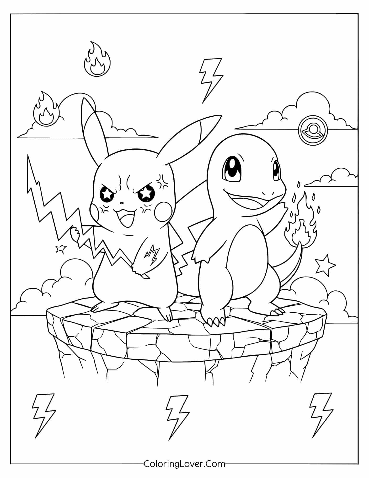 Kawaii Pikachu and Charmander on a cliff with lightning coloring page