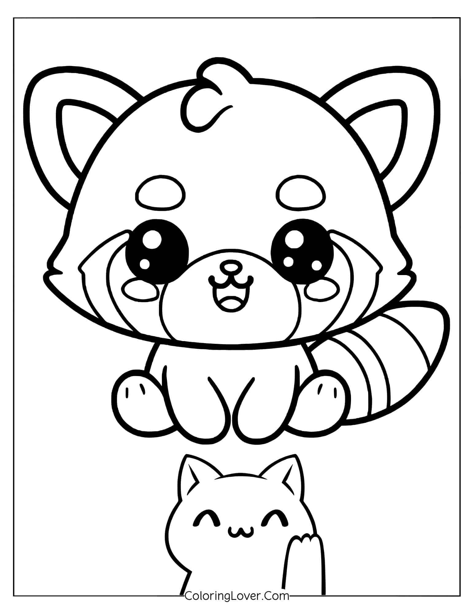 Kawaii red panda with big eyes and striped tail coloring page