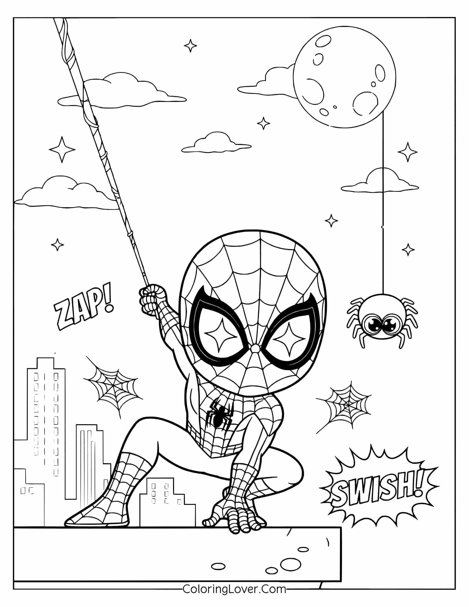 Kawaii Spider-Man swinging on web at night with city skyline coloring page