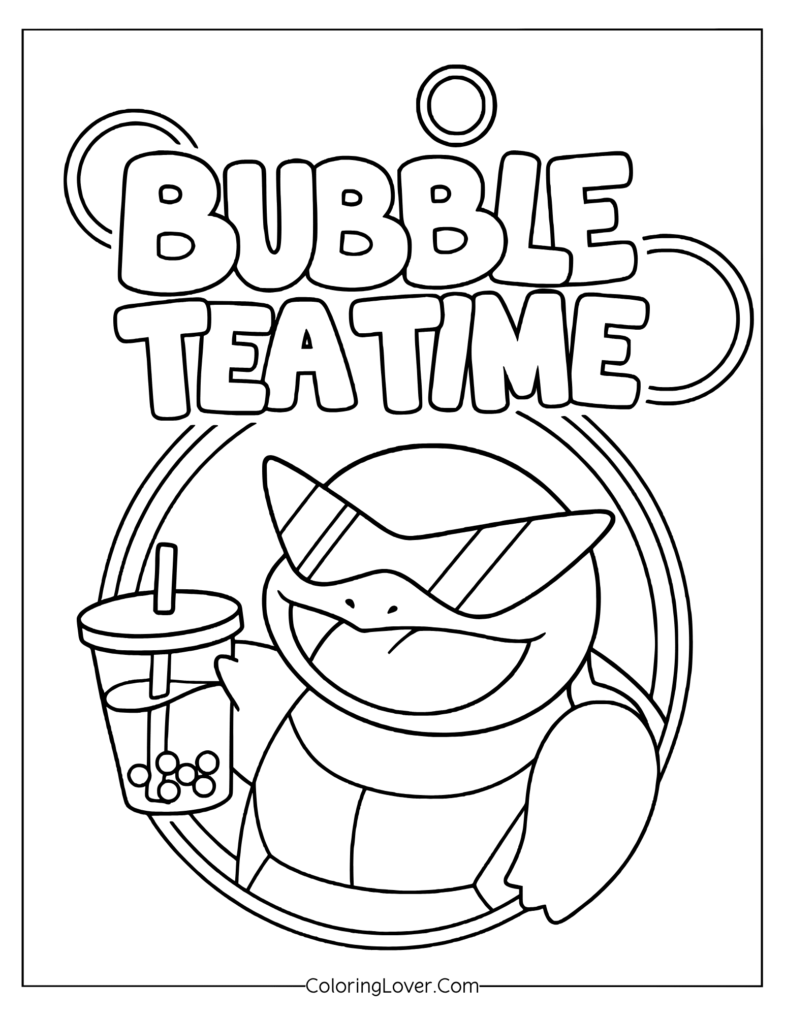Pokemon coloring page featuring kawaii Squirtle holding bubble tea with Bubble Tea Time text