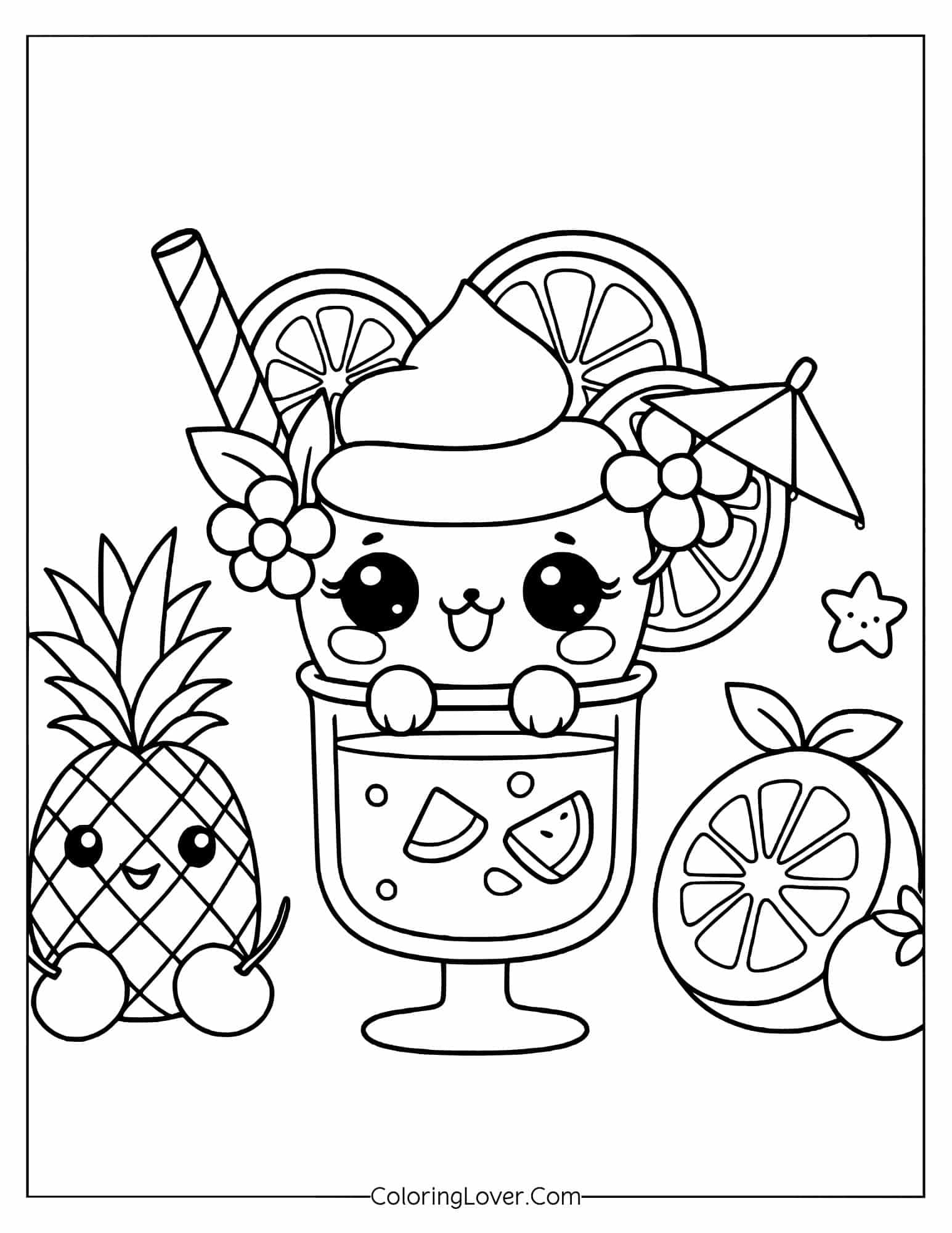 Kawaii tropical drink with fruits and smiling face coloring page
