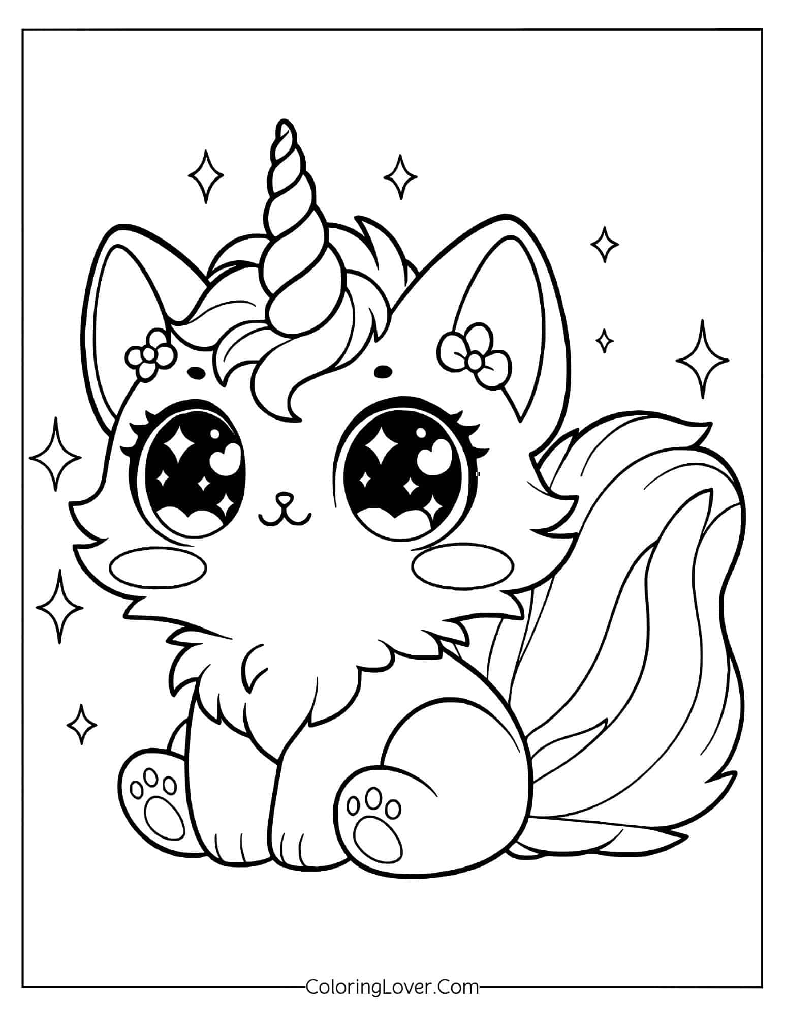 Kawaii unicorn fox with sparkling eyes and fluffy tail coloring page
