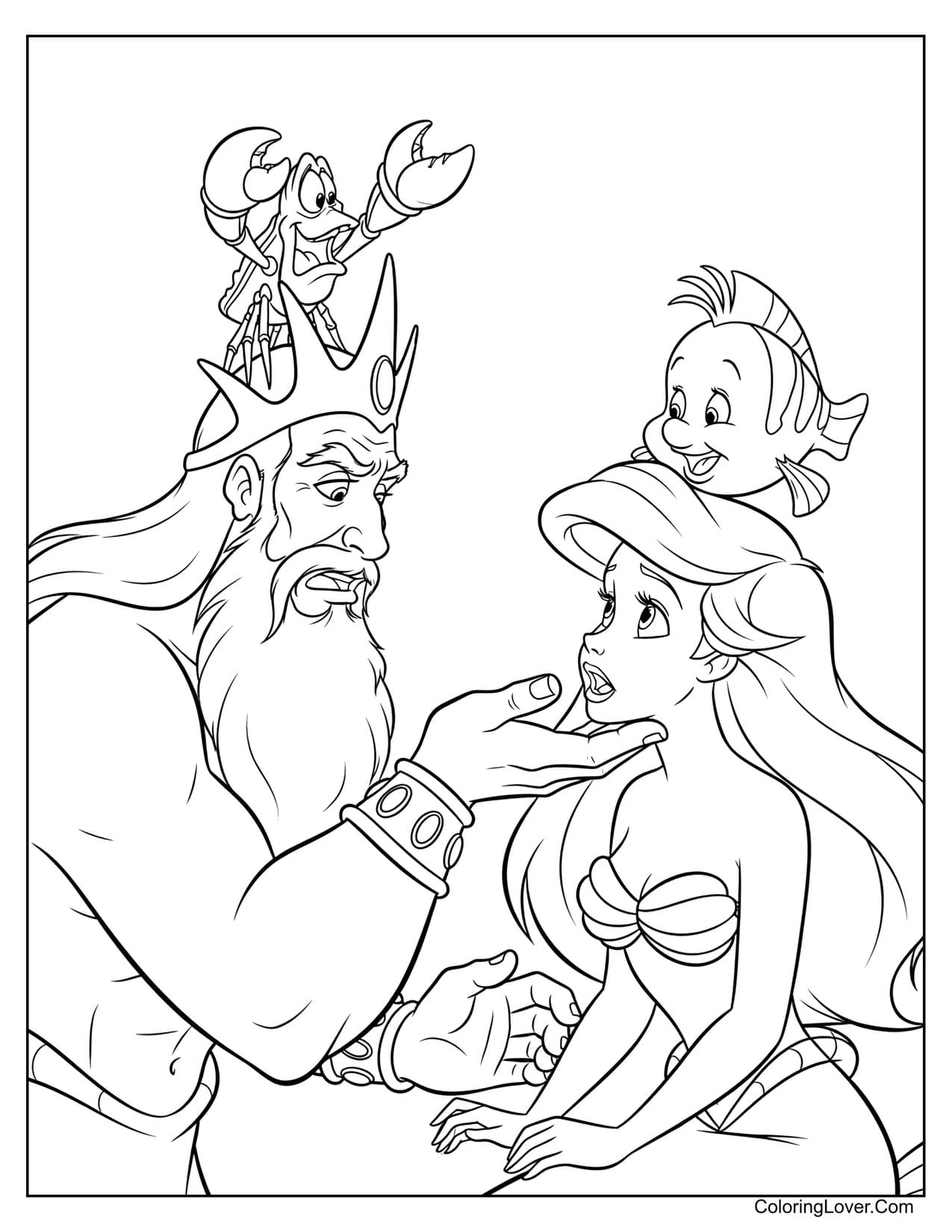 King Triton confronting Little Mermaid with Flounder and Sebastian coloring sheet