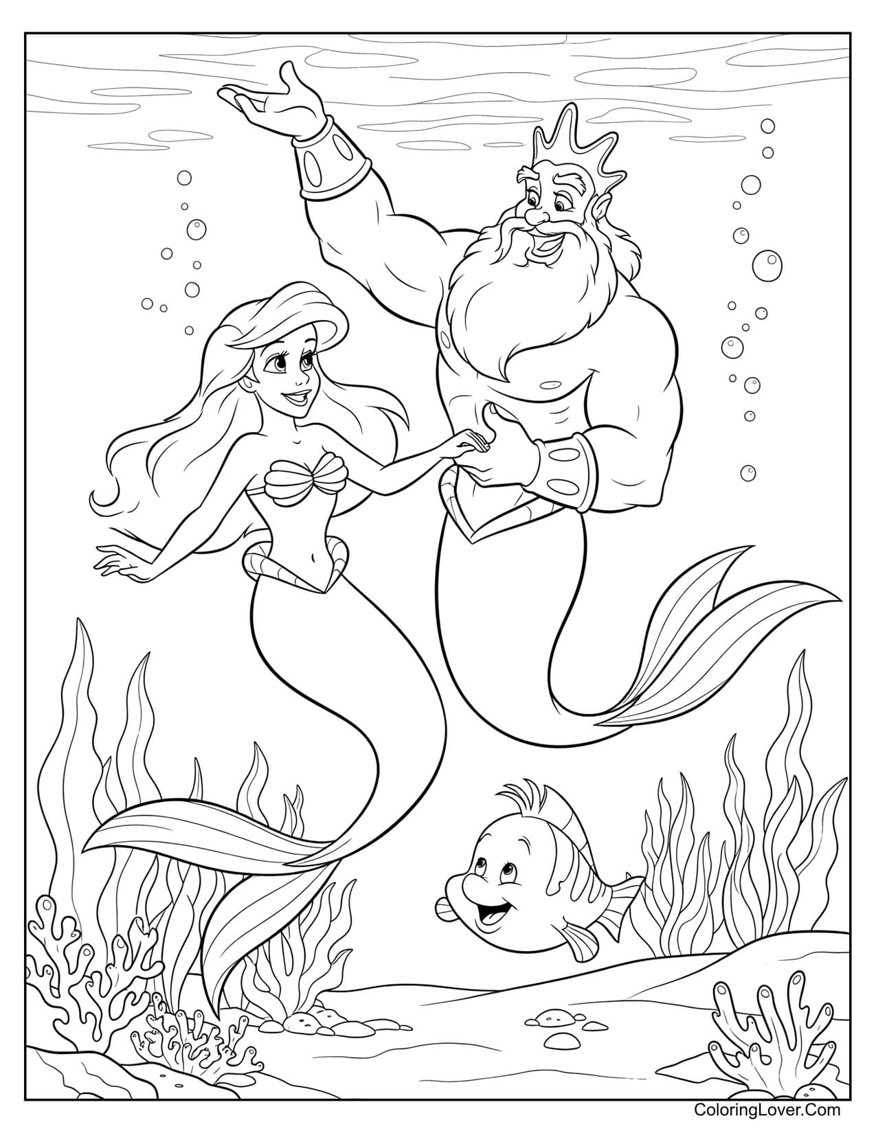 King Triton guiding Little Mermaid with Flounder underwater coloring sheet