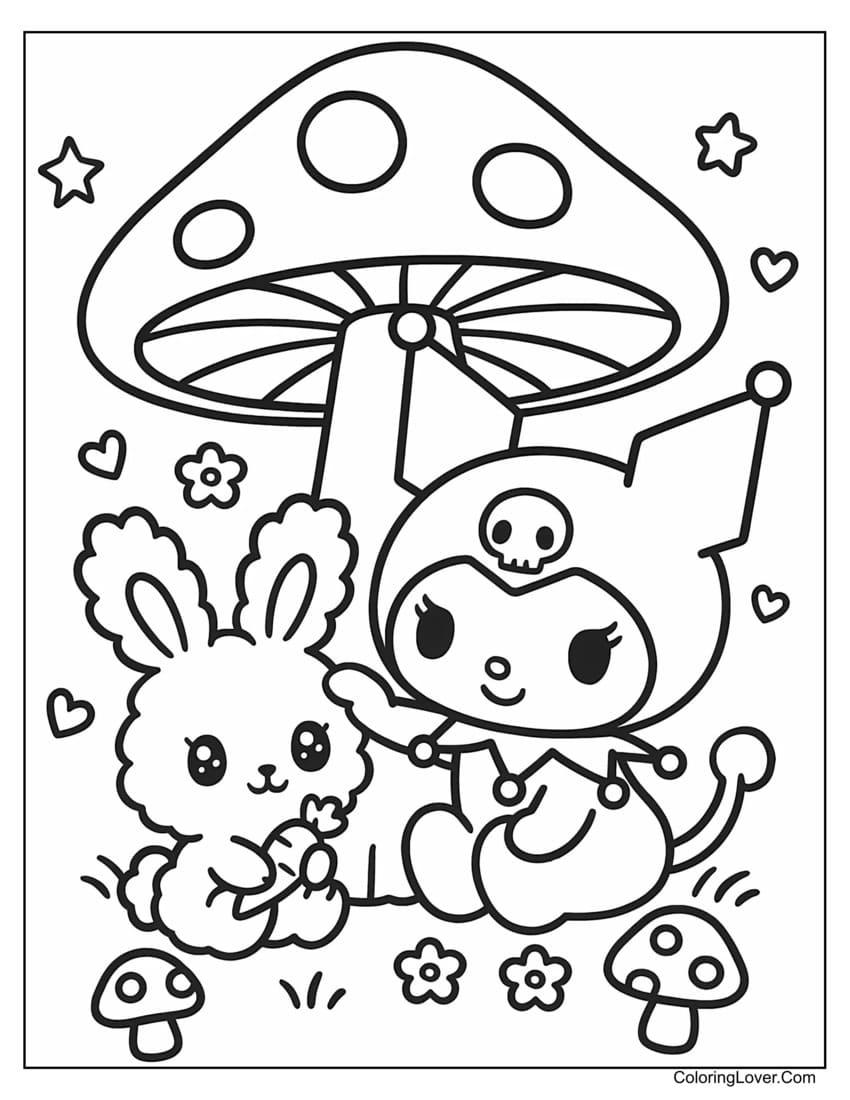 Kuromi and bunny under mushroom canopy coloring page