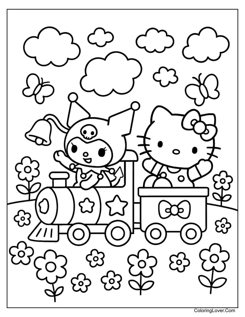 Kuromi and Hello Kitty riding train coloring page