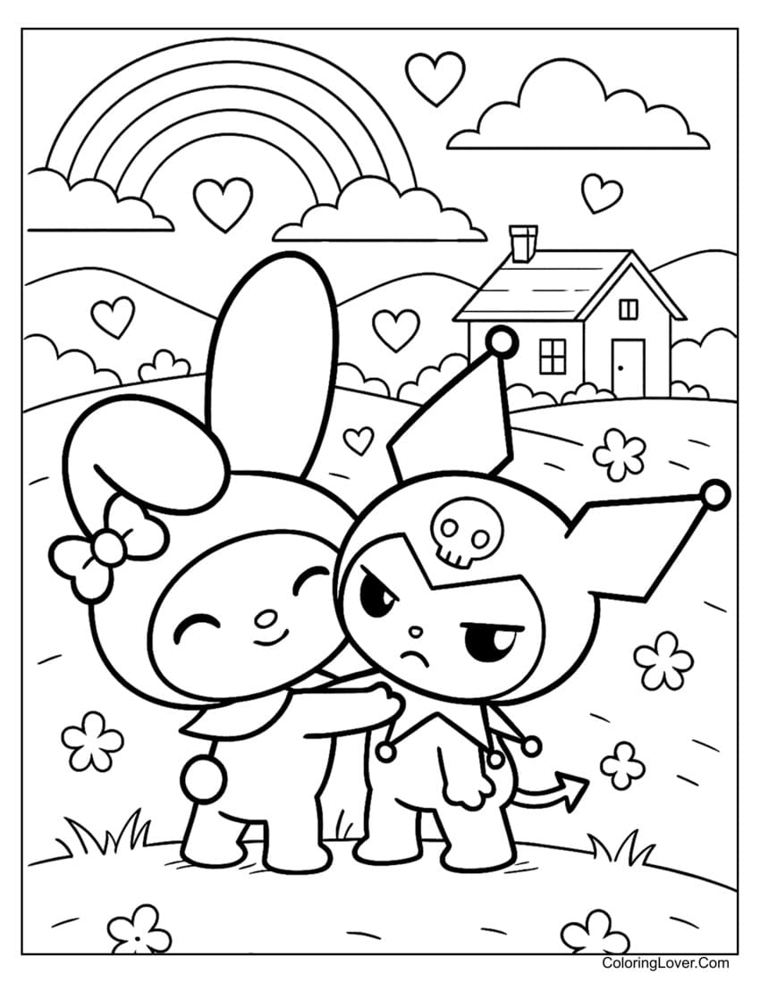 Kuromi and Melody with rainbow background coloring page