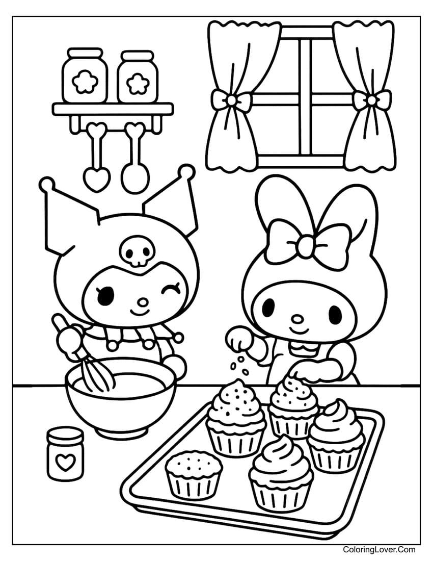 Kuromi and My Melody baking cupcakes coloring page