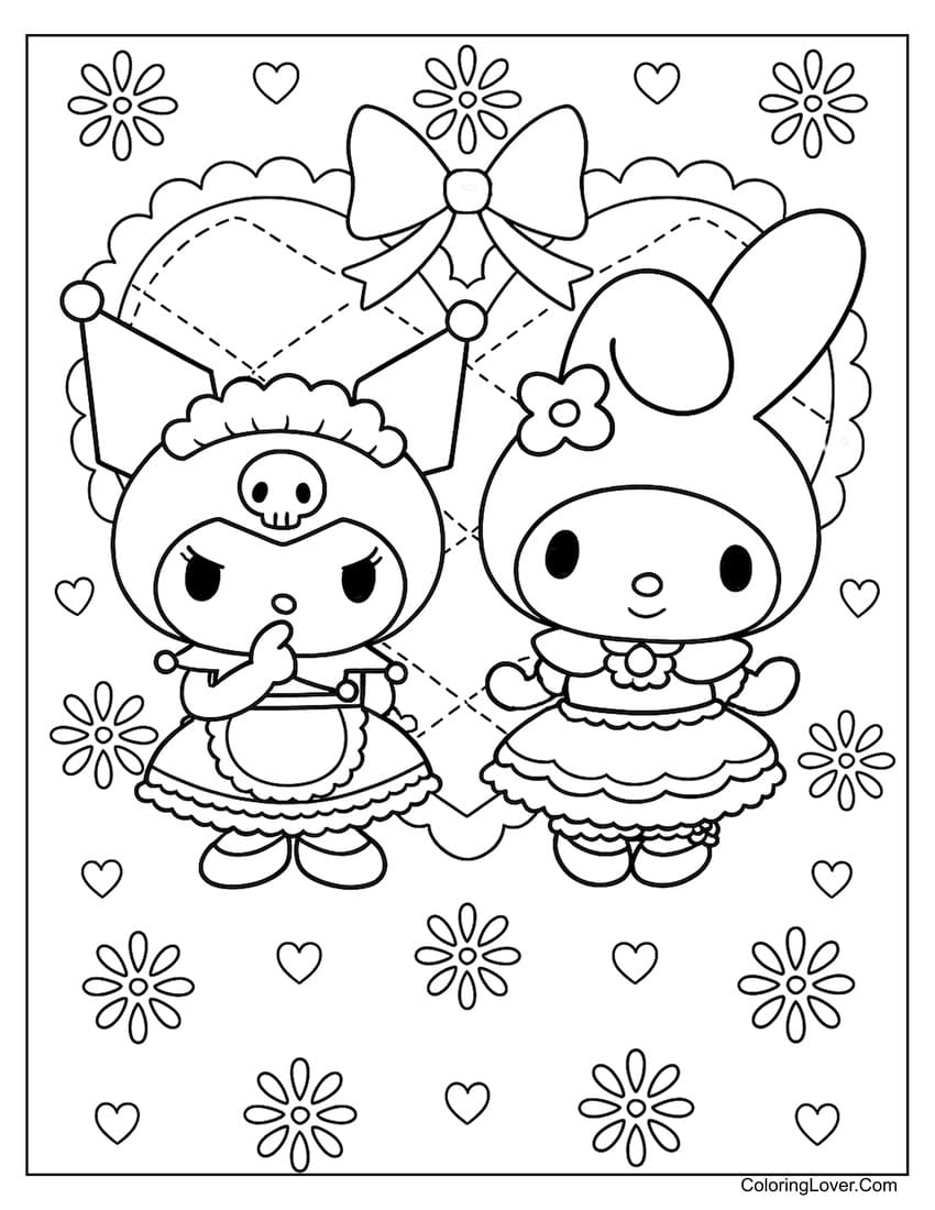 Kuromi and My Melody dancing in dresses coloring page