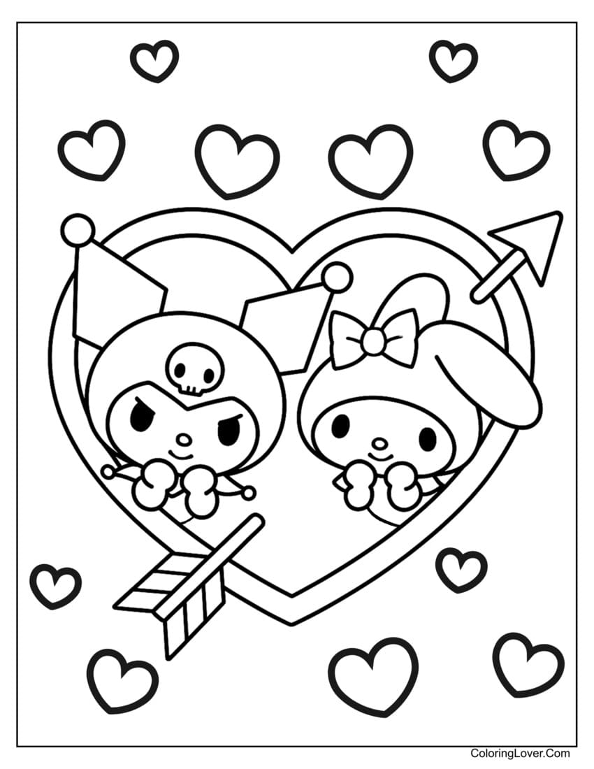 Kuromi and My Melody in heart frame coloring page