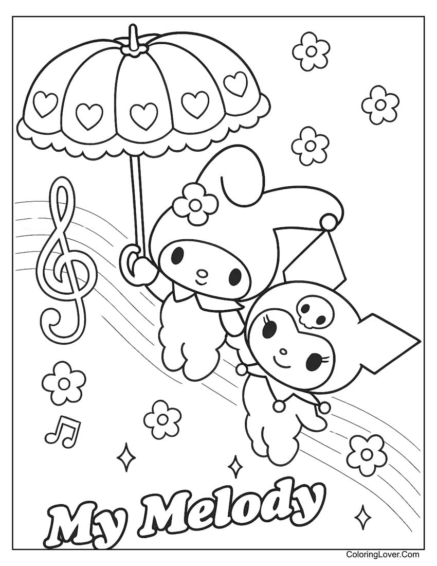 Kuromi and My Melody under umbrella coloring page
