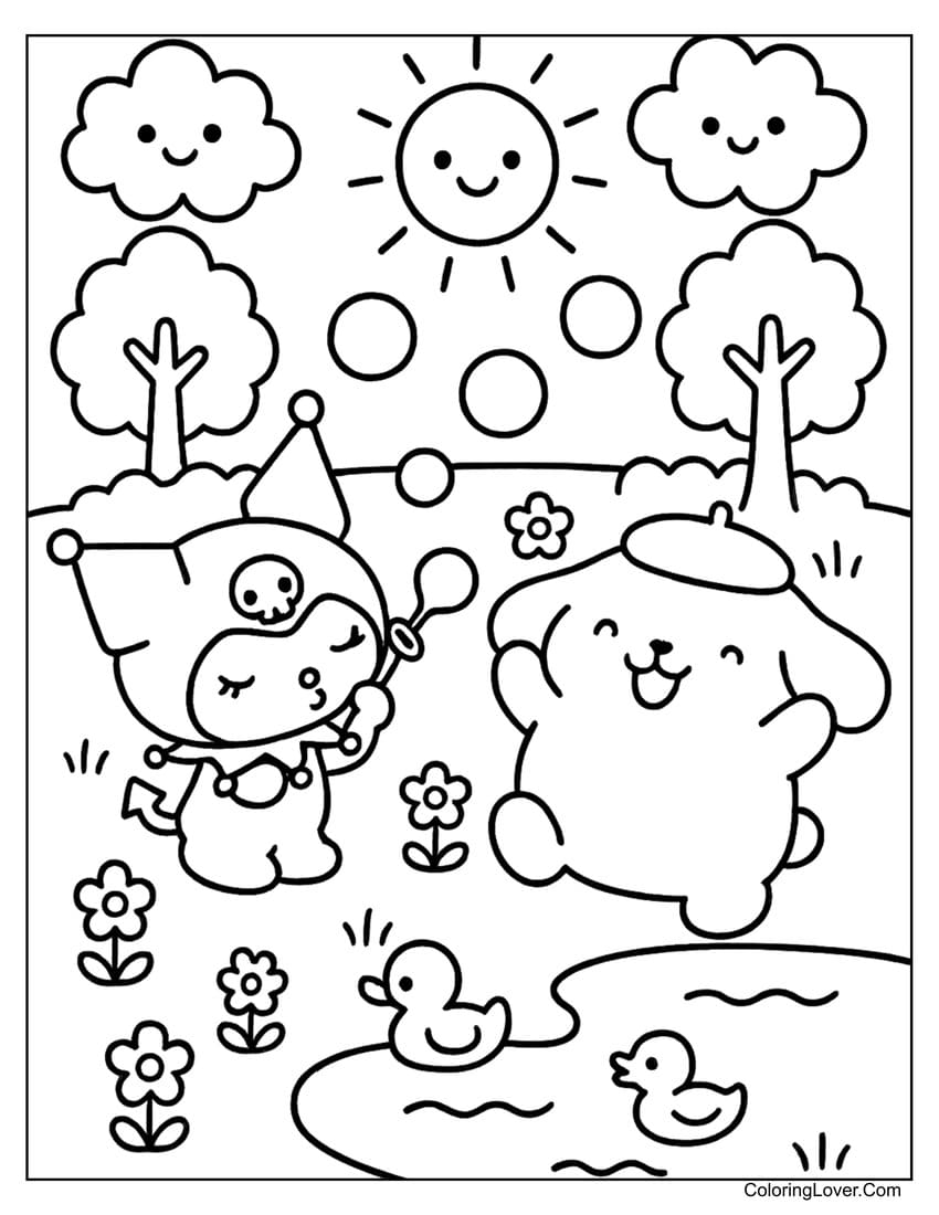 Kuromi and Pompompurin in sunny park coloring page