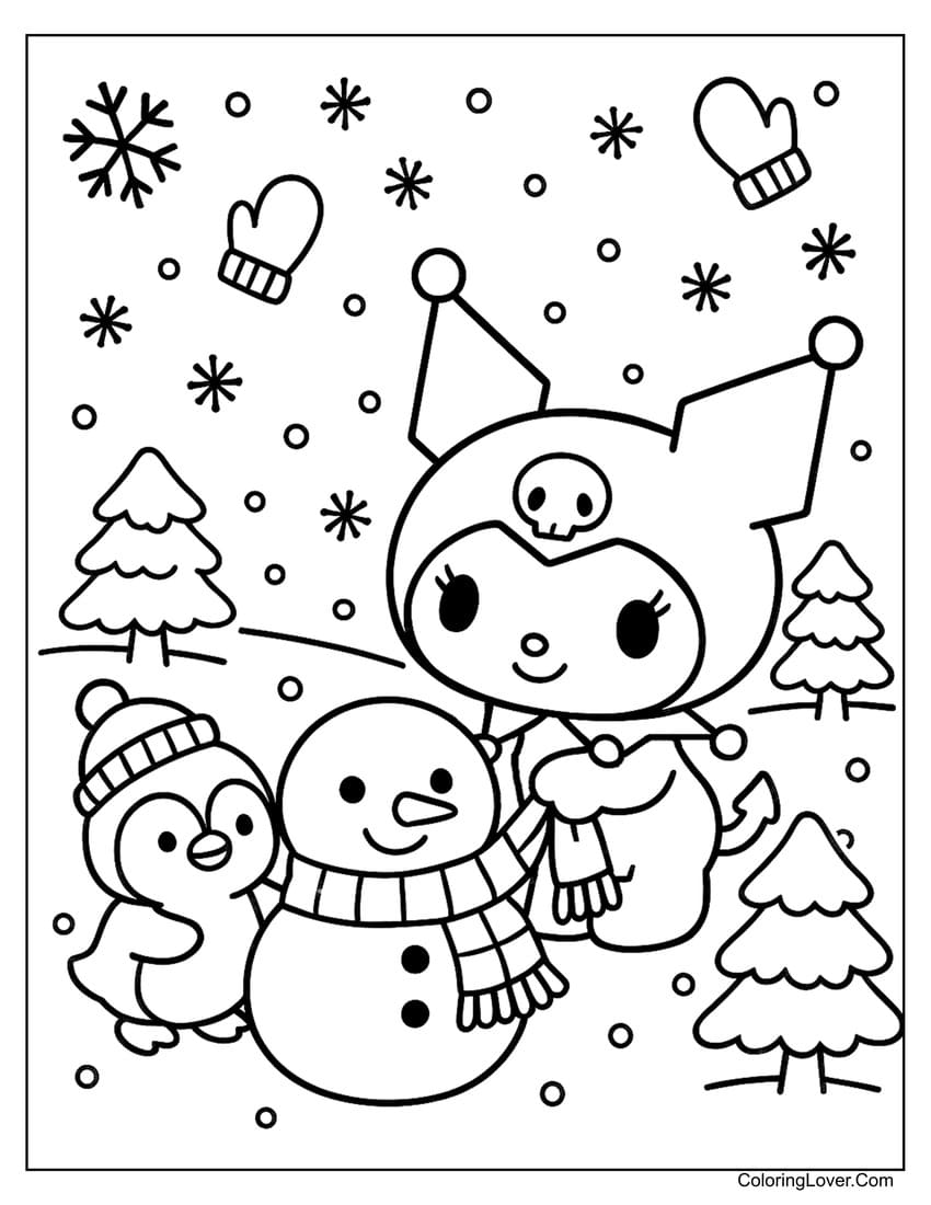 Kuromi building snowman with penguin in winter coloring page