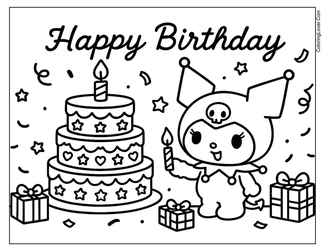 Kuromi celebrating with big birthday cake coloring page