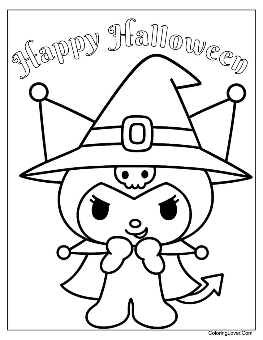 Kuromi dressed as witch for Halloween coloring page