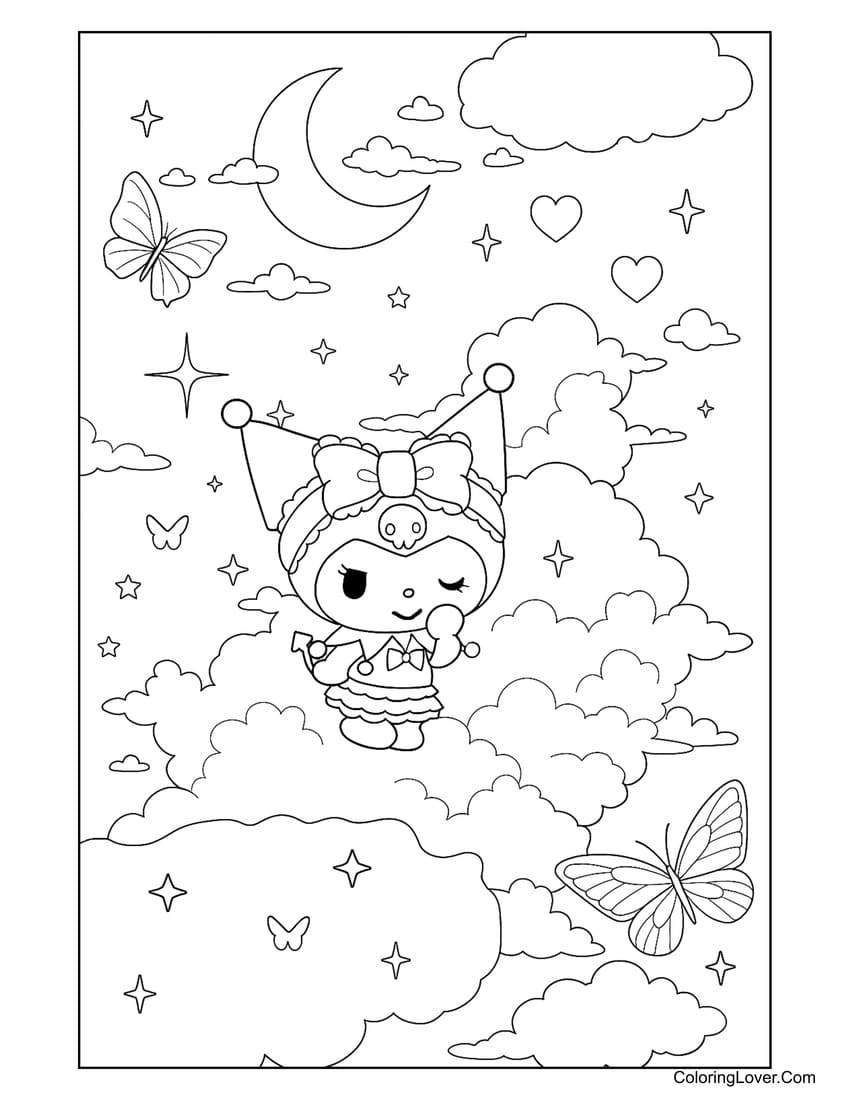 Kuromi floating in dreamy sky coloring page