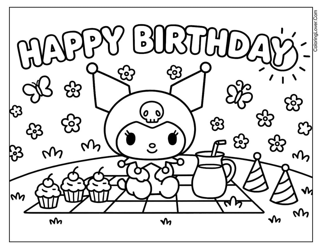 Kuromi having birthday picnic with cupcakes coloring page