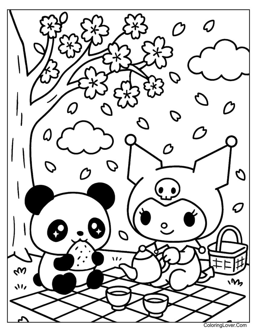 Kuromi having picnic with panda under cherry tree coloring page