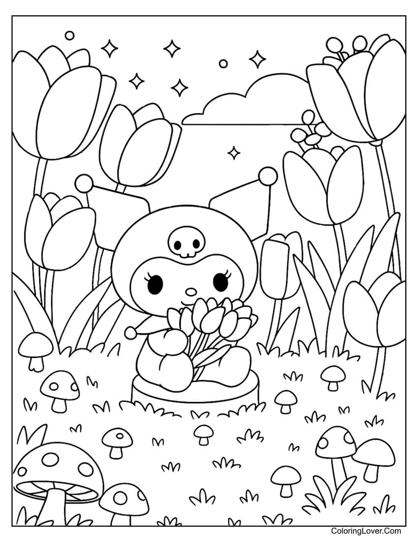 Kuromi holding flowers in tulip field coloring page