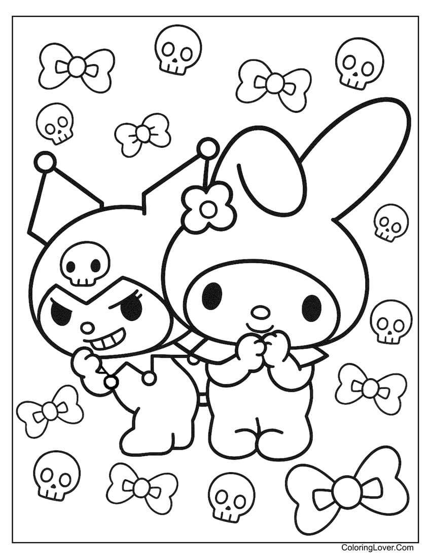 Kuromi hugging My Melody with bows coloring page