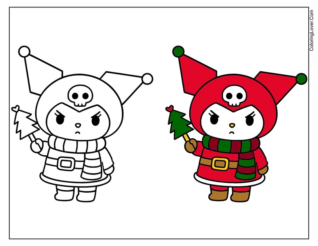 Kuromi in Christmas outfit coloring page  and finished art