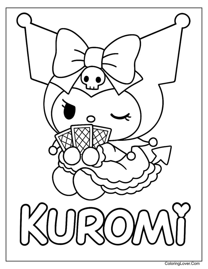Kuromi in dress holding cards coloring page